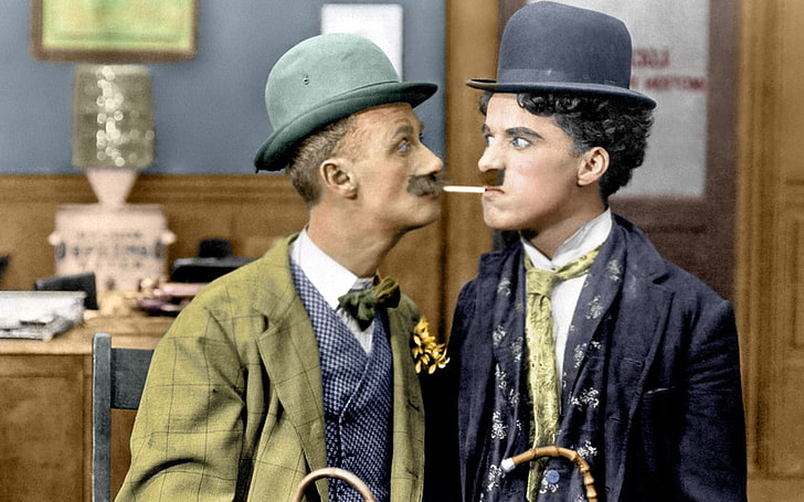 Charlie Chaplin, colorized photos, two people, clothing, portrait