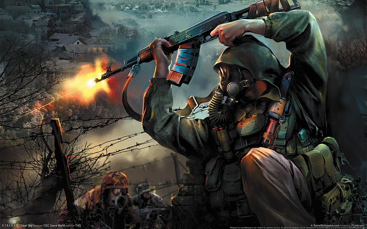 man holding AKM illustration, weapons, machine, attack, Stalker, HD wallpaper