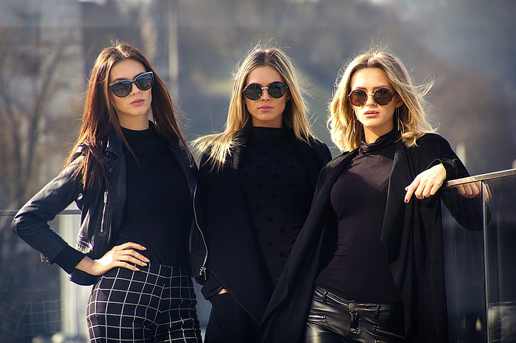 women's black zip-up jacket and black pants, sunglasses, Retegan Sisters, HD wallpaper