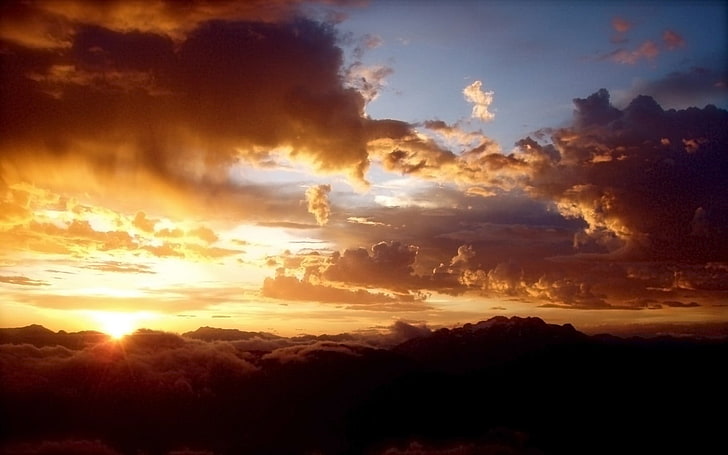 crepuscular ray, nature, clouds, mountains, sunrise, silhouette