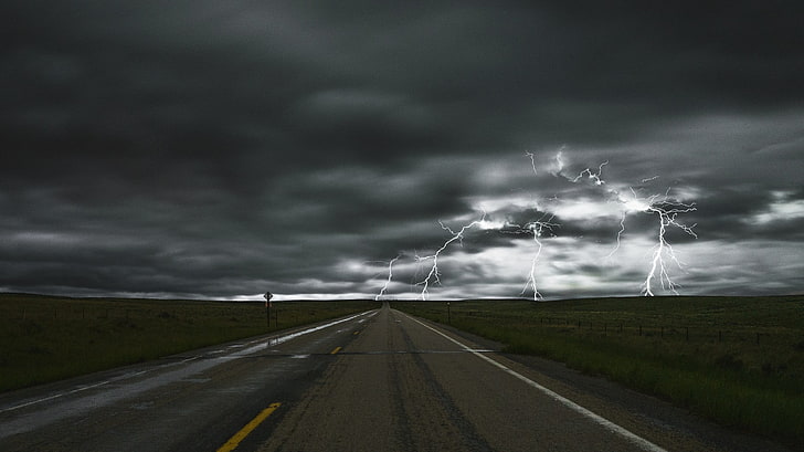 lightning illustration, nature, landscape, road, storm, sky, clouds, HD wallpaper