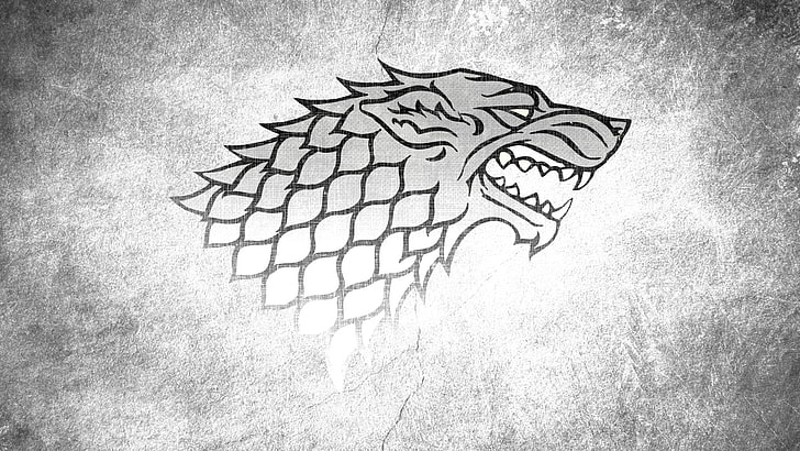 grey tiger illustration, Wolf, Game of Thrones, House Stark, black And White
