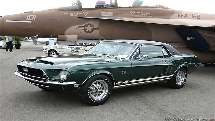 green classic Ford Mustang Shelby coupe, car, mode of transportation