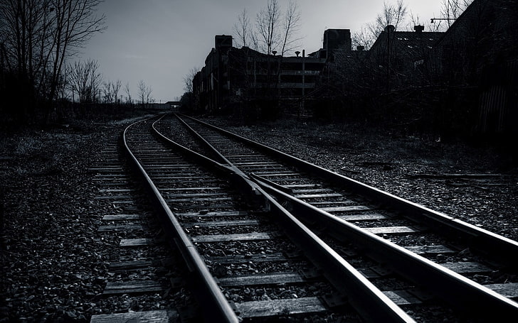 grayscale photo of train tracks, railway, dark, railroad track