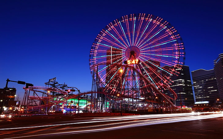 black Ferris Wheel, cityscape, night, Japan, amusement park, amusement park ride