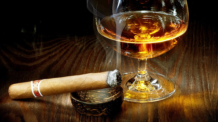 brown cigar, glass, cognac, alcohol, cognac - Brandy, bourbon Whisky, HD wallpaper