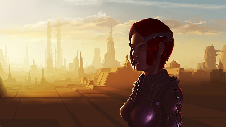 woman wearing purple breastplate illustration, futuristic, science fiction