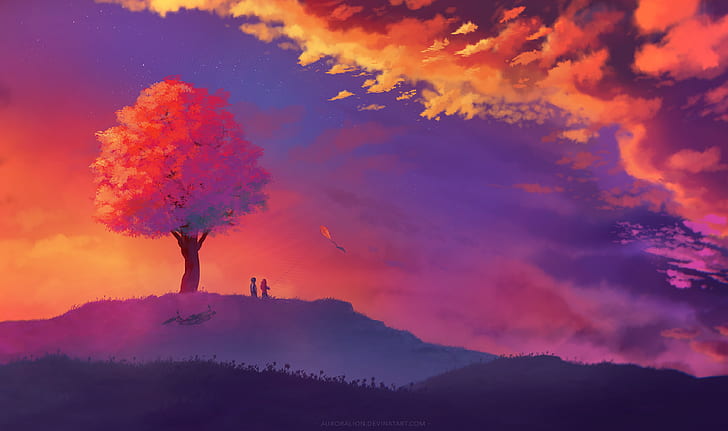 illustration, landscape, tree bark, nature, fantasy art, sunset, HD wallpaper