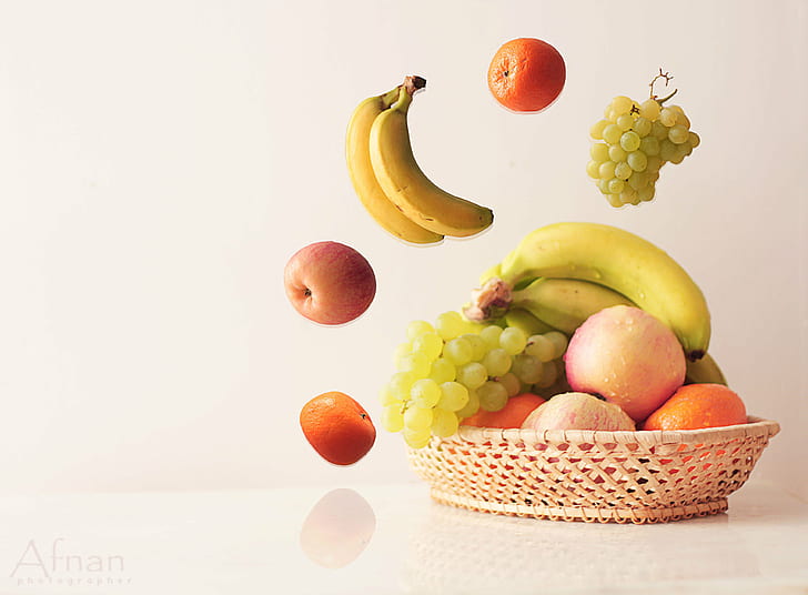 variety of fruits on woven brown basket, banana, food, freshness
