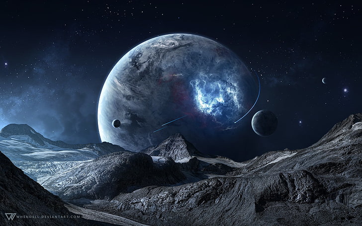 brown and gray planet wallpaper, space art, night, mountain, moon