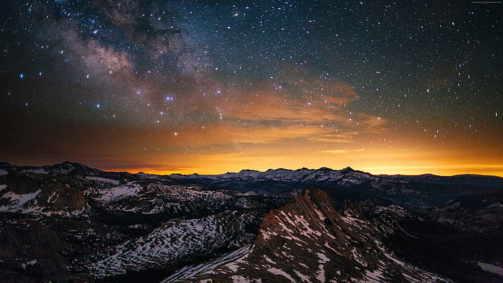 Yosemite, 5k, Forest, stars, sunset, OSX, apple, Mountains, HD wallpaper