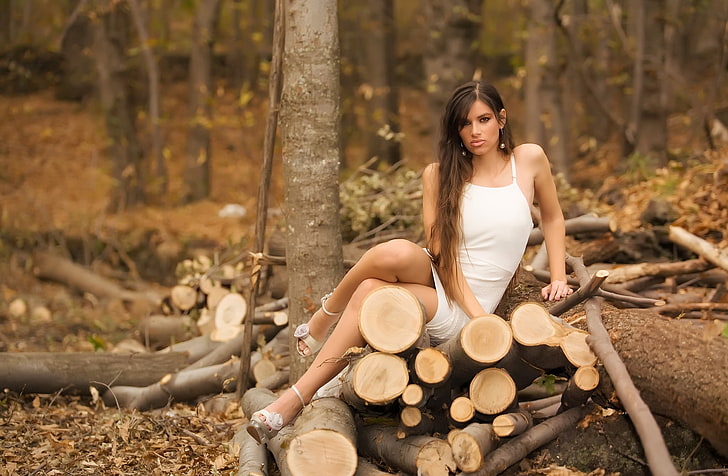 legs, wood, nature, forest, women, model, tree, log, sitting, HD wallpaper