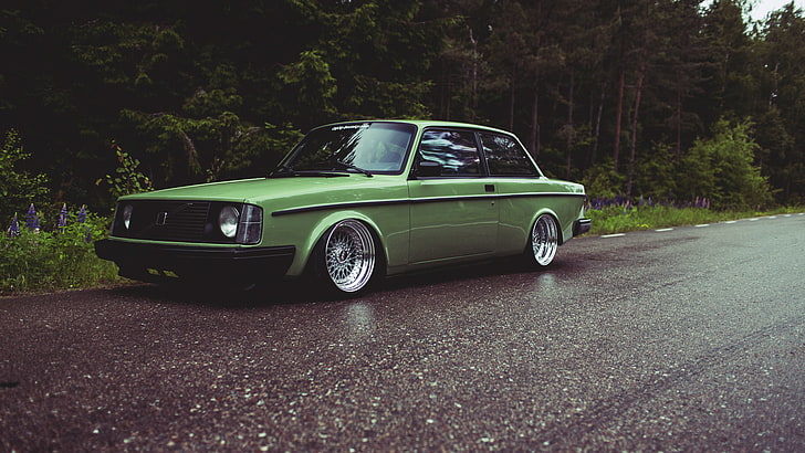 green coupe, road, forest, 242, Volvo, car, transportation, retro Styled