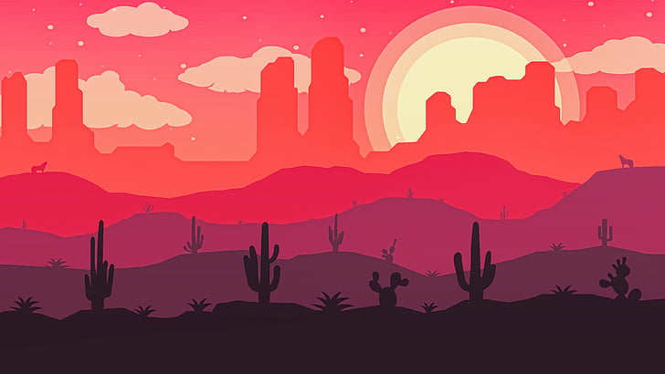 red, pink, cactus, art, illustration, landscape, wasteland