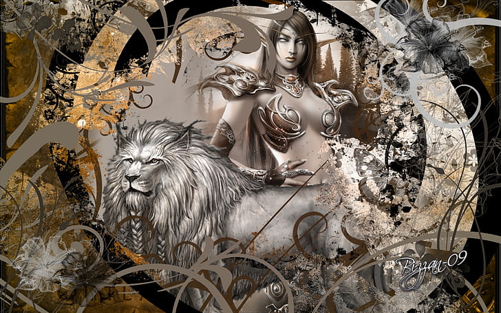 world of warcraft art fantasy game lion video woman HD, games
