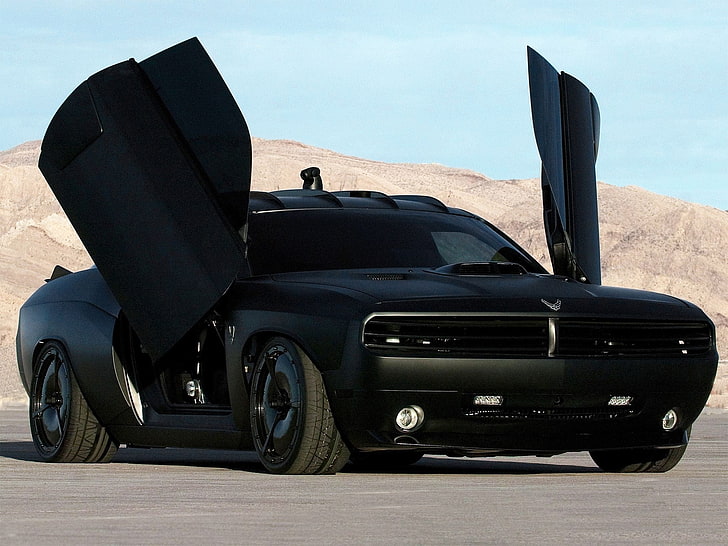 black Dodge Challenger coupe, Concept, Matt, open doors, Lambo-doors, HD wallpaper