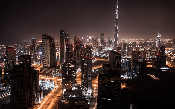 Dubai, city night, skyscrapers, lights, roads, HD wallpaper