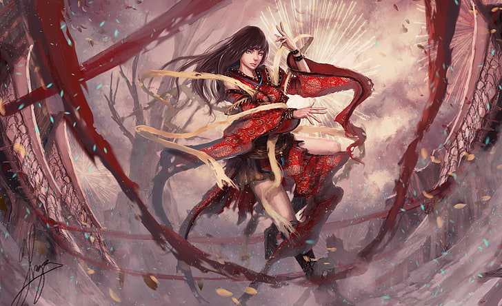 red dressed female anime character wallpaper, fantasy art, one person