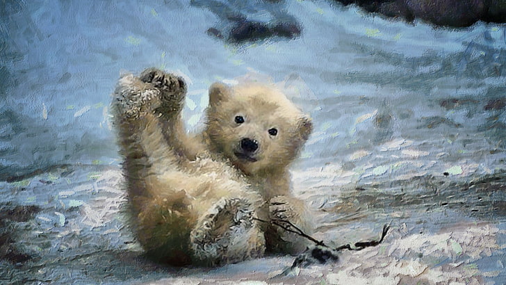 bear cub painting, nature, animals, digital art, polar bears, HD wallpaper