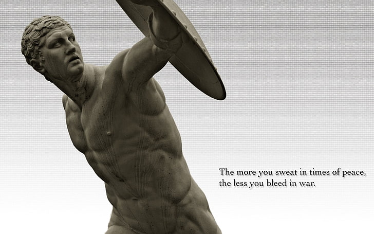 man holding shield statue, quote, muscular build, shirtless, one person