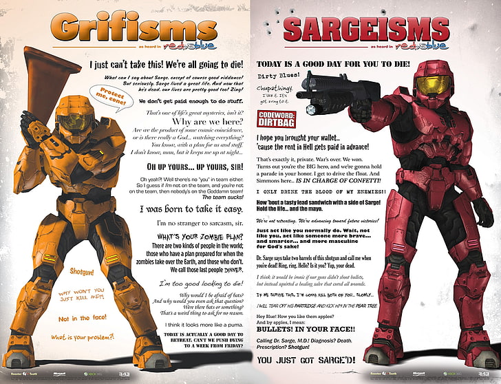 two videogame characters, Red vs. Blue, text, art and craft, representation