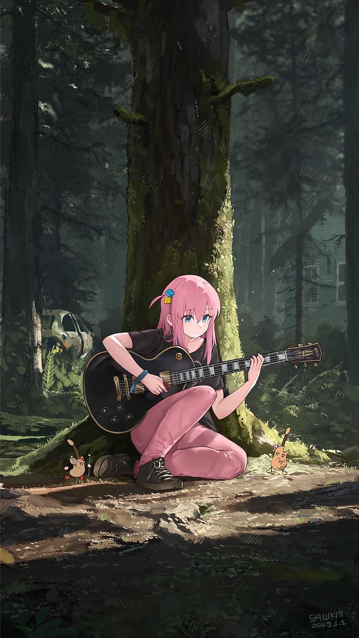 BOCCHI THE ROCK!, Hitori Bocchi, guitar, forest, vertical, pink hair