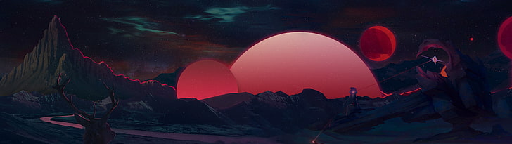 mountain illustration,  retrowave, synthwave, night, red, sky