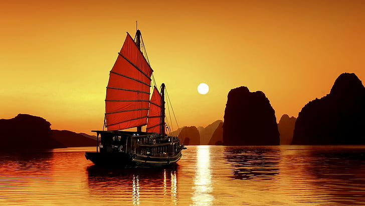junk, Ha Long Bay, Vietnam, sailing ship, silhouette, sunset, HD wallpaper