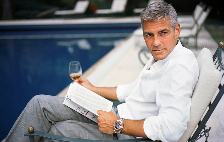 George Clooney Drinking Whisky, men's white dress shirt, Male celebrities