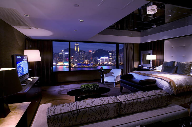 Interior bedrom, city, bedroom, sofa, Lamp, TV, curtains, window, HD wallpaper