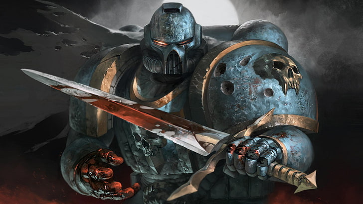 metal armored warrior holding a knife digital wallpaper, Warhammer 40,000