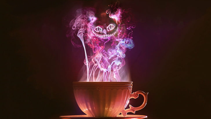 white ceramic mug, tea, smoke, Alice in Wonderland, Cheshire Cat