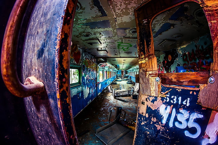 blue and gray train, ruin, graffiti, metal, damaged, abandoned, HD wallpaper
