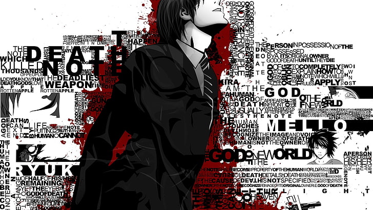 Death Note wallpaper, typography, anime boys, selective coloring