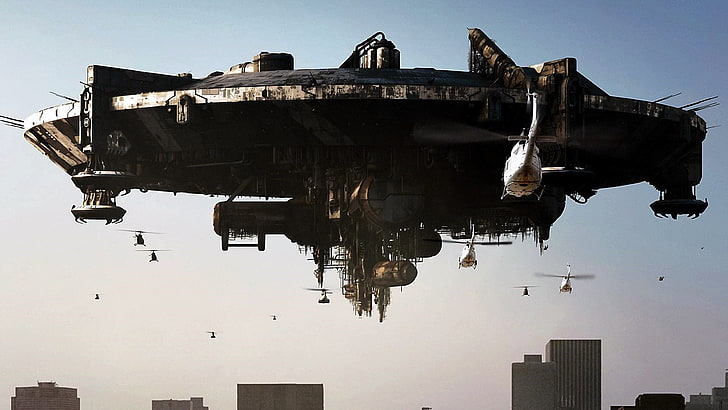 gray space ship, District 9, movies, UFO, water, reflection, architecture