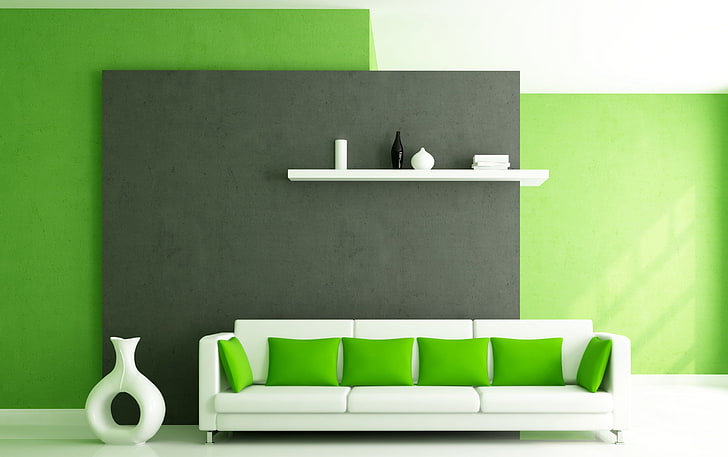 Sofa And Pillows In Green Interior, white leather couch and six green throw pillows