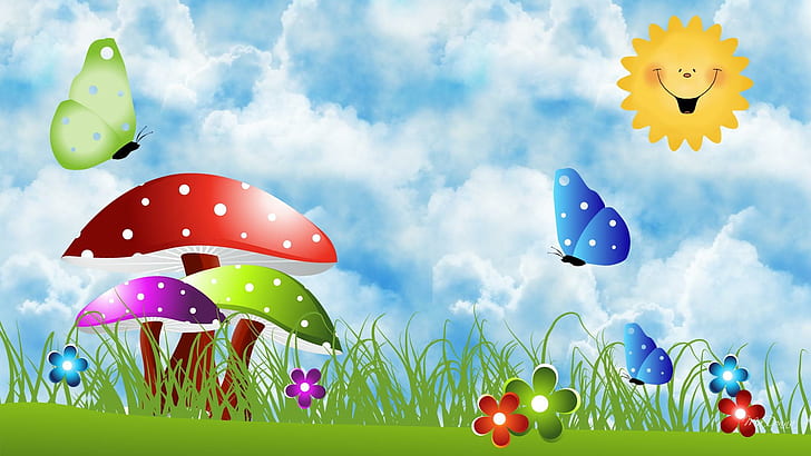 Perfect Summer Day, toad stools, sunshine, meadow, mushrooms, HD wallpaper