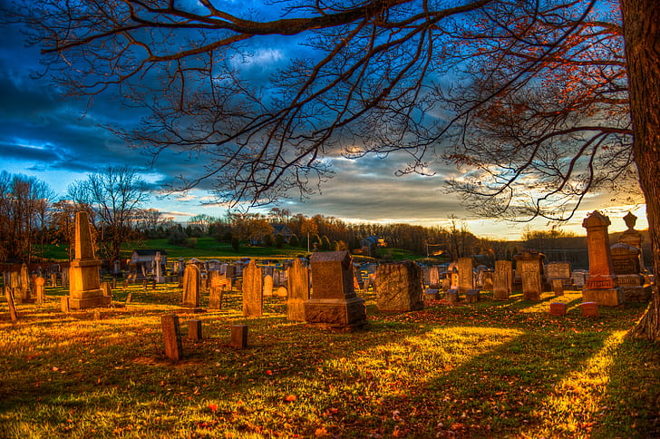 timelapse photography of cemetery during sunset, Graveyard, Halloween, HD wallpaper