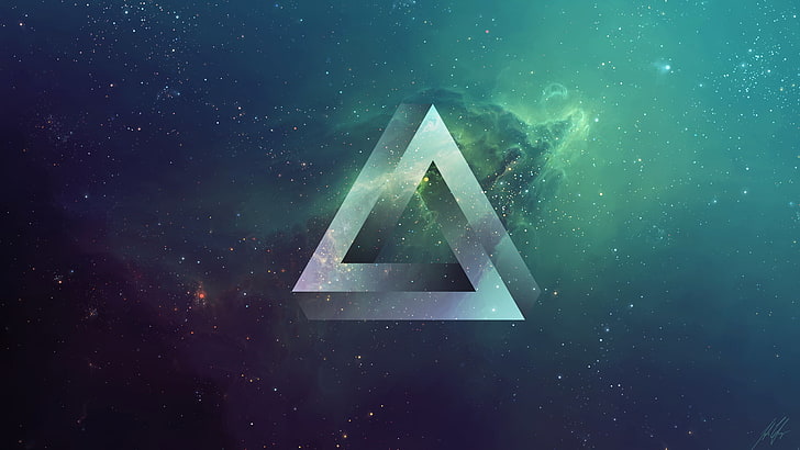 white and green triangle logo wallpaper, space, TylerCreatesWorlds