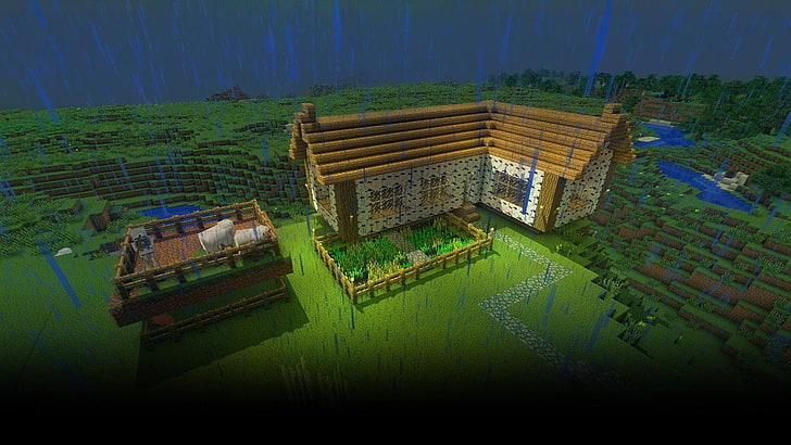 Minecraft, rain, cottage, farm, landscape, architecture, water, HD wallpaper