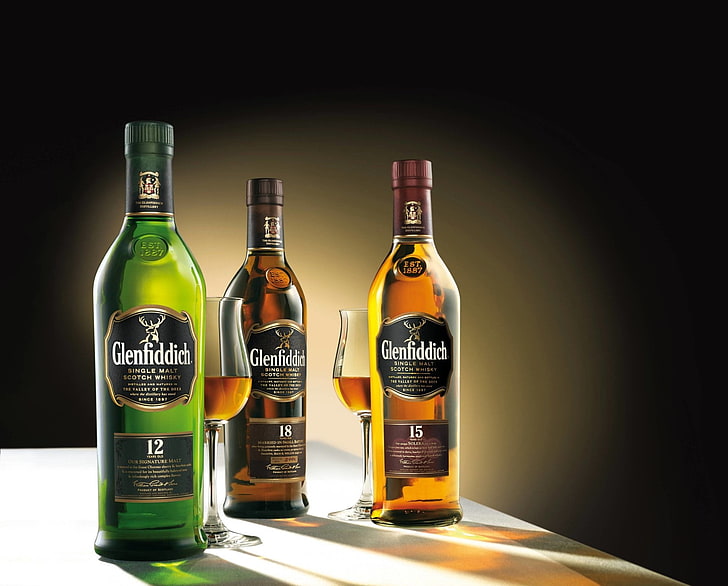 Glenfiddich liquor bottles, Food, Whisky, indoors, alcohol, container, HD wallpaper
