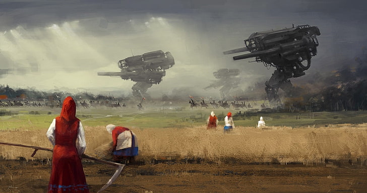 painting of farmers infront of tornadoes, dystopian, science fiction, HD wallpaper