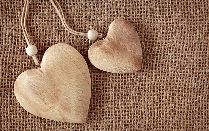Hearts Wood Love, two brown wooden heart pendants, close-up, still life, HD wallpaper