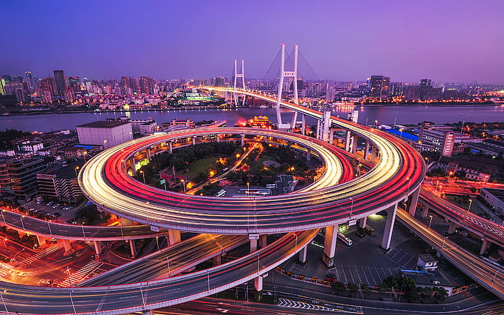 Nanpu Bridge Huangpu River  Shanghai, Night, China, Cityscape, HD wallpaper