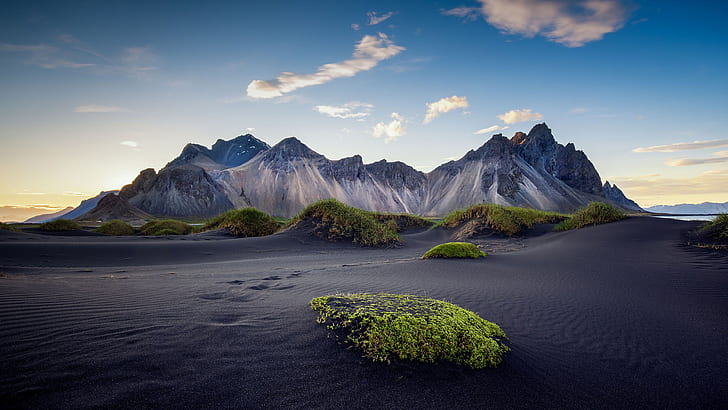 Photo Landscapes Of Iceland Black Sand Beach Rocky Mountain Peaks Blue Sky Hd Wallpapers 3840×2160, HD wallpaper