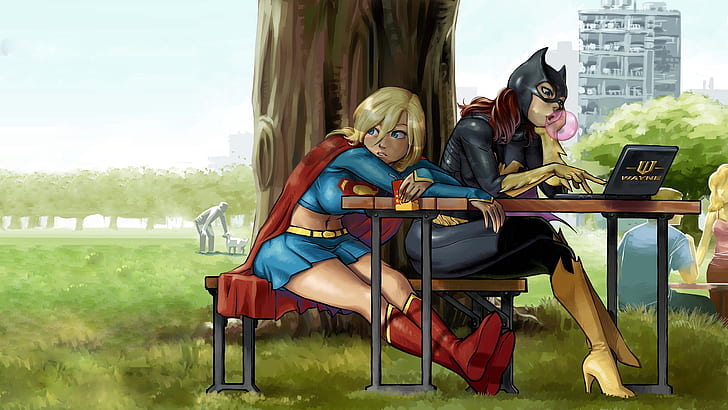 Supergirl, Batgirl, artwork, DC Comics, park, superheroines