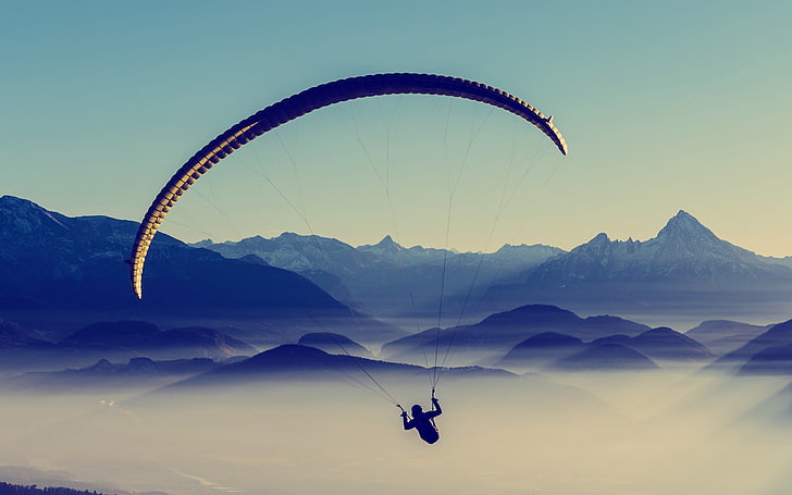 silhouette of man riding parachute, paragliding, sky, flight, HD wallpaper