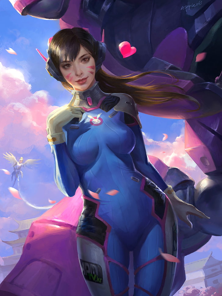 brown haired woman painting, Overwatch, D.Va (Overwatch), futuristic