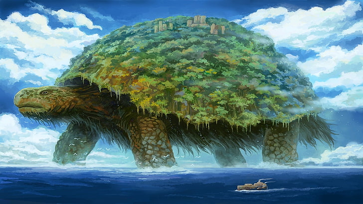 floating green turtle island digital wallpaper, digital art, nature
