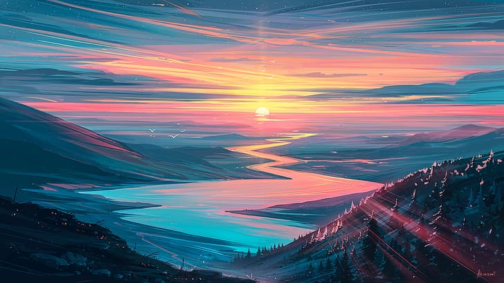 digital art, artwork, Aenami, sunset, mountains, HD wallpaper
